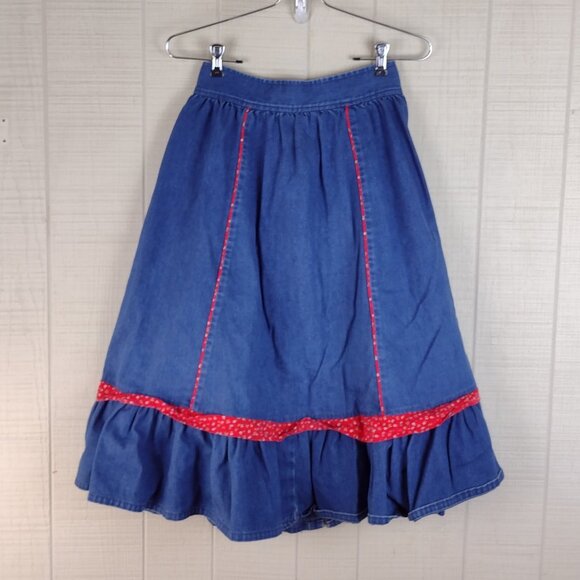 Vintage Stage West Chambray Denim Skirt Calico Ruffle Button Western Prairie - Picture 6 of 6